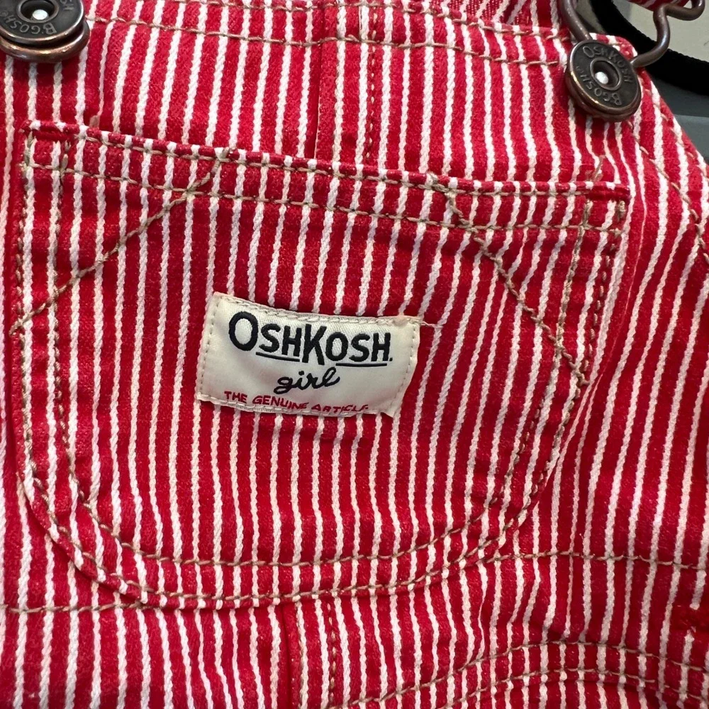 OshKosh B'gosh Girl Red White Hickory Stripe Denim Overall Dress 18 Months